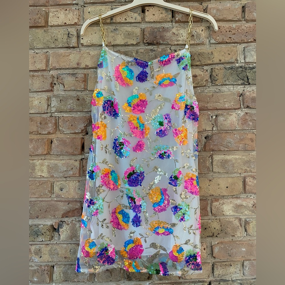 New (Never Worn) Multicolor Sequin Dress with Gold Chain Straps, Size Medium